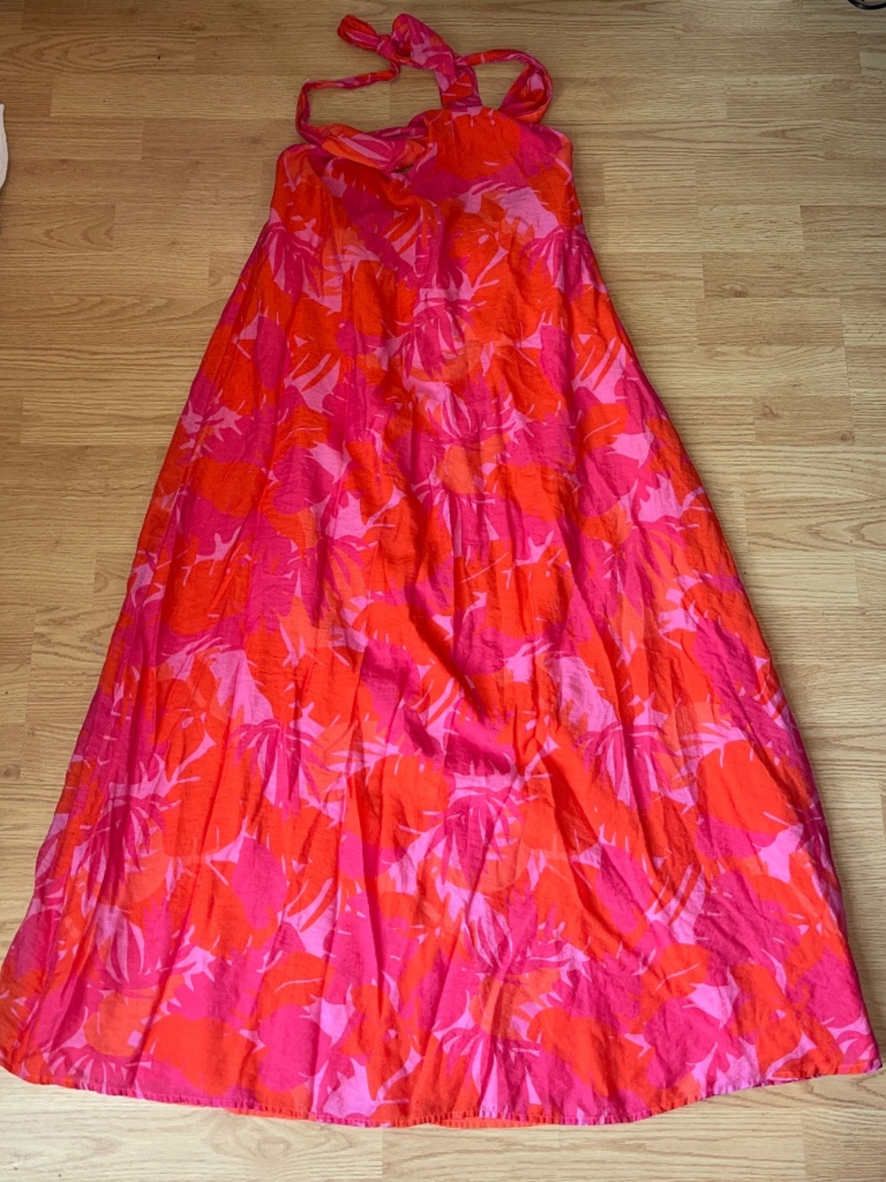 B.right Orange & Pink Tropical Tencel Halter Tie Backless Maxi Dress Size Large